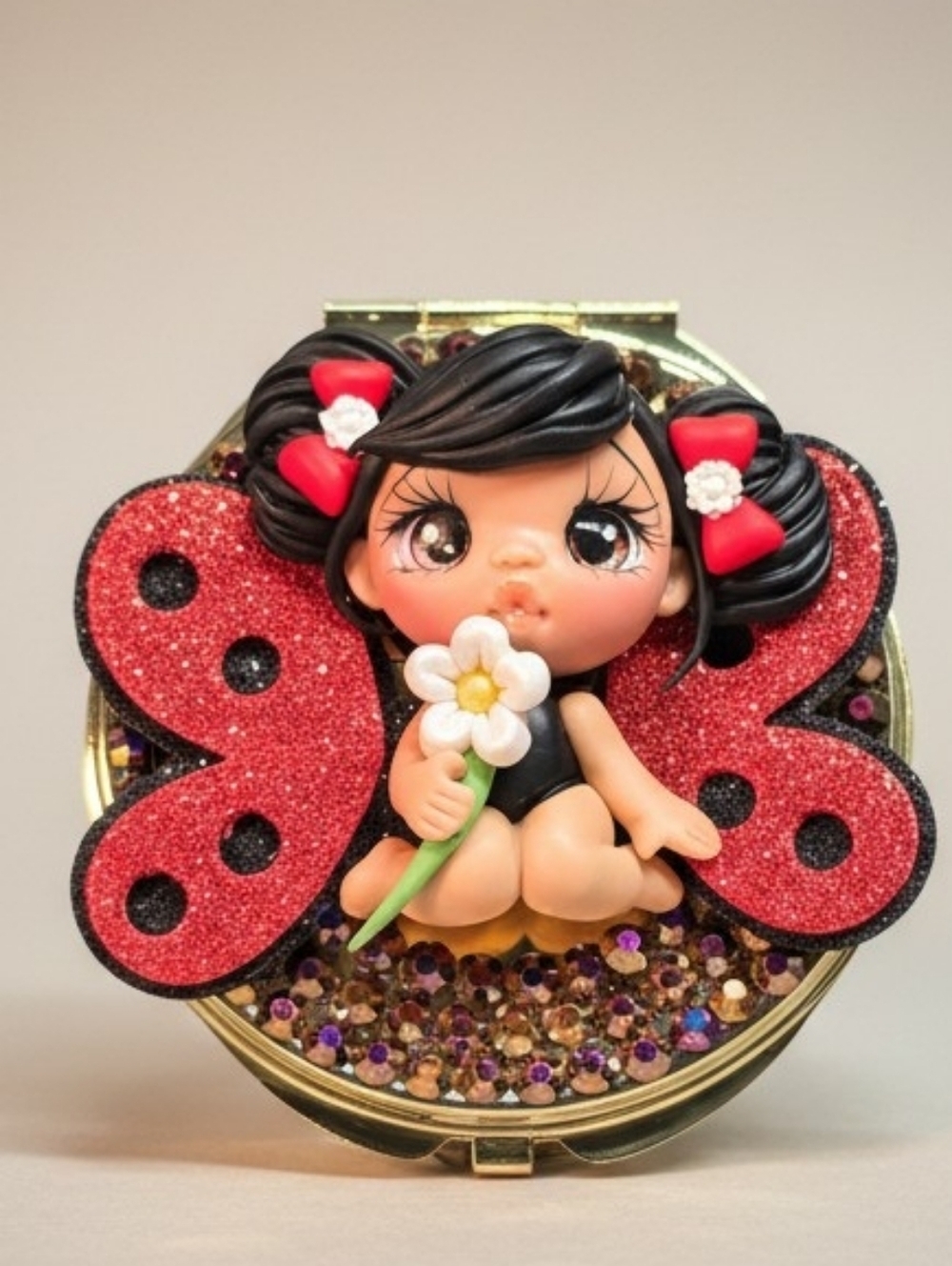 Bling Ladybug Girl Compact Mirror | Rhinestone Makeup Mirror with Handmade Doll